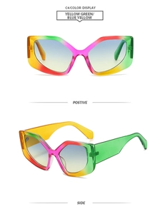 Detail view of oversized geometric rainbow frame sunglasses with color gradient lenses