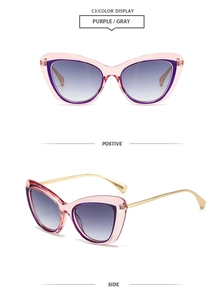 Detailed front and side view of cat eye sunglasses with purple frames and gold metal temples