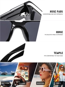 Detail of ergonomic nose pads, reinforced hinges, and curved temples on square sunglasses