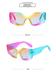 Detailed front and side views of oversized rainbow polygon sunglasses with gradient lenses