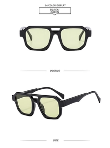 Front and side views of rectangular thick frame aviator sunglasses in black and green