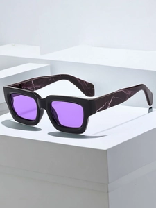Detail of square black frame sunglasses with purple marble temples on white pedestals