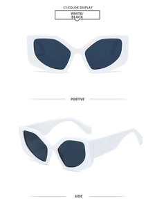 Detailed front and side views of stylish white polygonal sunglasses with dark lenses