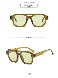 Front and side views of olive green retro aviator sunglasses with a double-bridge frame