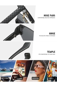 Detail view of comfortable nose pads, sturdy hinges and textured temples of these sunglasses
