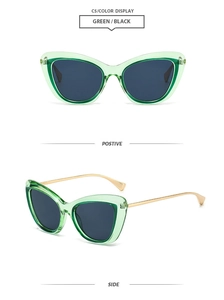Detail view of cat eye sunglasses with green resin frames and slim gold metal temples