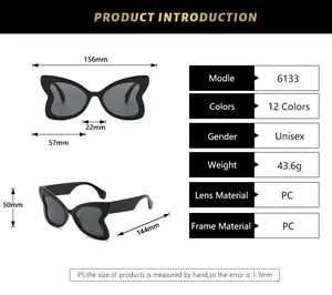 Detailed size chart for butterfly frame sunglasses with precise measurements and PC specs