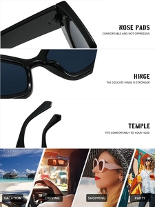 Detailed views of polygon sunglasses featuring reinforced hinges and ergonomic temple tips