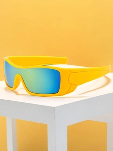 Macro shot of futuristic yellow square frame sunglasses with blue-green gradient lenses