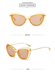 Detailed side and front view of cat-eye sunglasses with yellow frames and gold metal temples