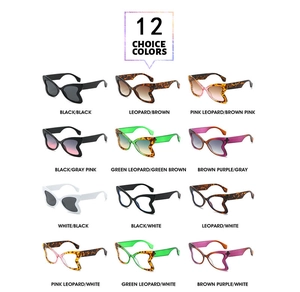 Detailed catalog showing 12 stylish butterfly sunglasses with wavy arms and color options