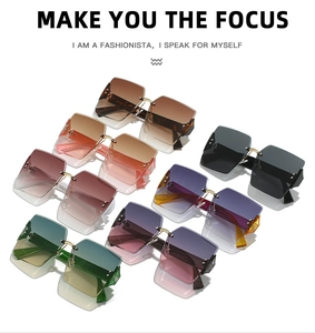 Detail of square rimless sunglasses with colorful gradient lenses and gold metal rivets