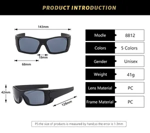 Detailed size chart for square frame sports sunglasses with lens and arm dimensions