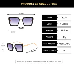 Detailed size guide and specifications for square frame unisex fashion sunglasses