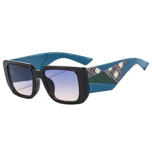 Modern square frame sunglasses with blue gradient lenses and plaid geometric temples