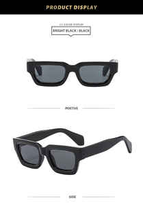 Front and side view of glossy black square sunglasses with dark grey lenses