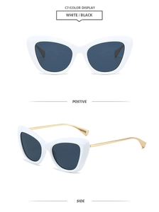 Front and side view of white cat eye sunglasses with grey lenses and gold metal temples