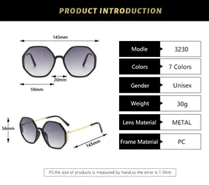 Detailed size chart for hexagonal metal sunglasses with frame dimensions and specs
