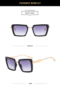 Macro view of square frame sunglasses featuring gold geometric temples and gradient lenses