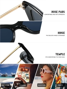 Detailed close-up of cat-eye sunglasses with golden hinges and scenarios of usage