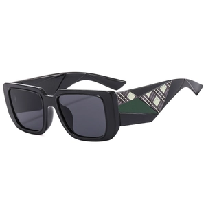 Retro square oversized black sunglasses with green checkered pattern chunky temples