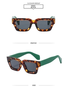 Detail view of square tortoise shell sunglasses with vibrant green temples in dual angles