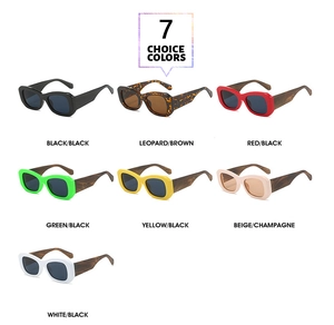 Detailed grid of rectangle sunglasses featuring thick frames and wooden textured temples
