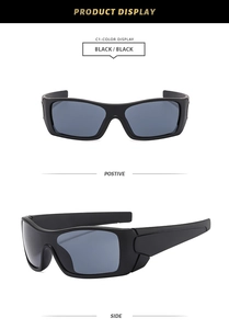Detailed front and side views of stylish black square frame cycling sports sunglasses