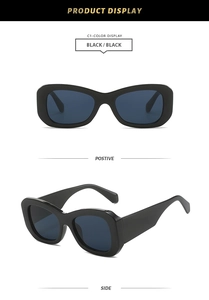 Detail view showing black thick-frame sunglasses with dark lenses from front and side angles