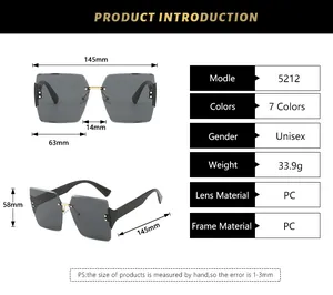Detailed size chart and technical specifications for square rimless metal sunglasses