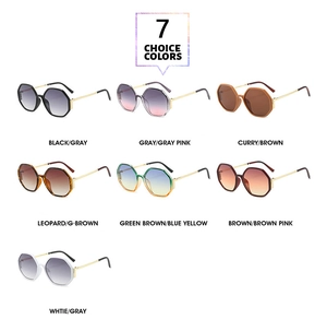 Collage of fashion hexagonal metal sunglasses in seven gradient lens color options
