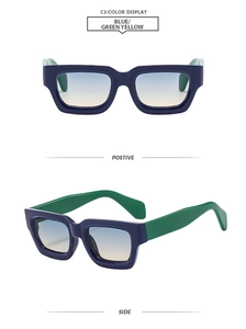 Detail of square sunglasses with blue frames, green temples and gradient lenses
