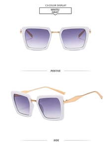Detail of square white frame sunglasses with purple gradient lenses and gold metal temples
