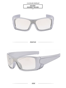 Front and side view of silver square sports sunglasses with a sleek wrap design