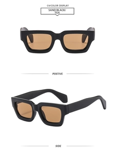 Detail view of square sand black sunglasses with tea tinted lenses from front and side angles