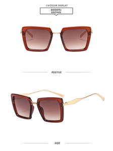 Detail view of square brown gradient sunglasses with gold metal temples from multiple angles