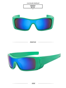 Detail view of green cyberpunk sports sunglasses with blue mirrored lenses from side and front