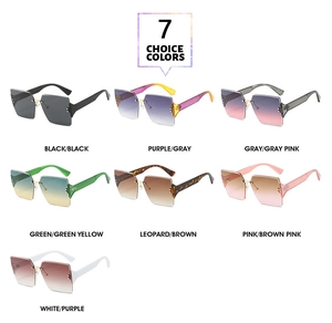 Flat lay of rimless square sunglasses in seven color options with metal frames