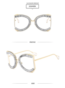 Makro-Detail der goldenen quadratischen Sonnenbrille mit glänzenden Strasssteinen und Perlen