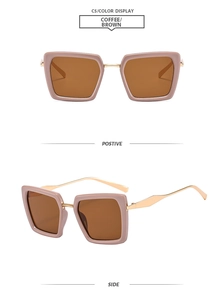 Front and side views of stylish square frame sunglasses with metal temples in coffee brown