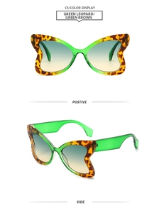 C5 butterfly sunglasses showing green leopard frame and gradient lenses from two angles