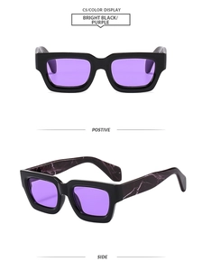Front and side view of black square sunglasses featuring purple lenses and marbled temples