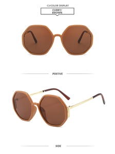 Front and side view of oversized hexagonal metal sunglasses in stylish curry brown tint