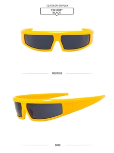 Detailansicht der gelben Sport-Sonnenbrille mit dunklen Gläsern von vorne und von der Seite