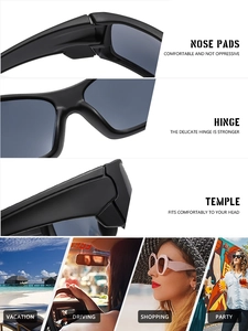 Detail view of durable hinges and nose pads on stylish square frame sunglasses