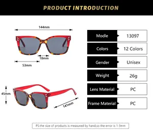Size chart for square frame sunglasses with precise measurements and material details