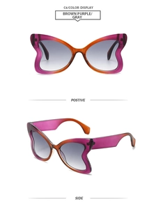 Detailed views of butterfly frame sunglasses in brown and purple gradient finish