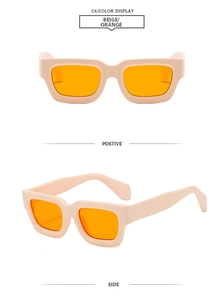 Detail view of beige rectangular thick frame sunglasses with orange lenses shown in two angles