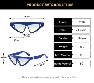 Detailed sizing chart and specifications for geometric triangle cat-eye sunglasses