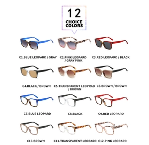 Matrix of twelve square frame sunglasses in assorted leopard prints and solid color finishes